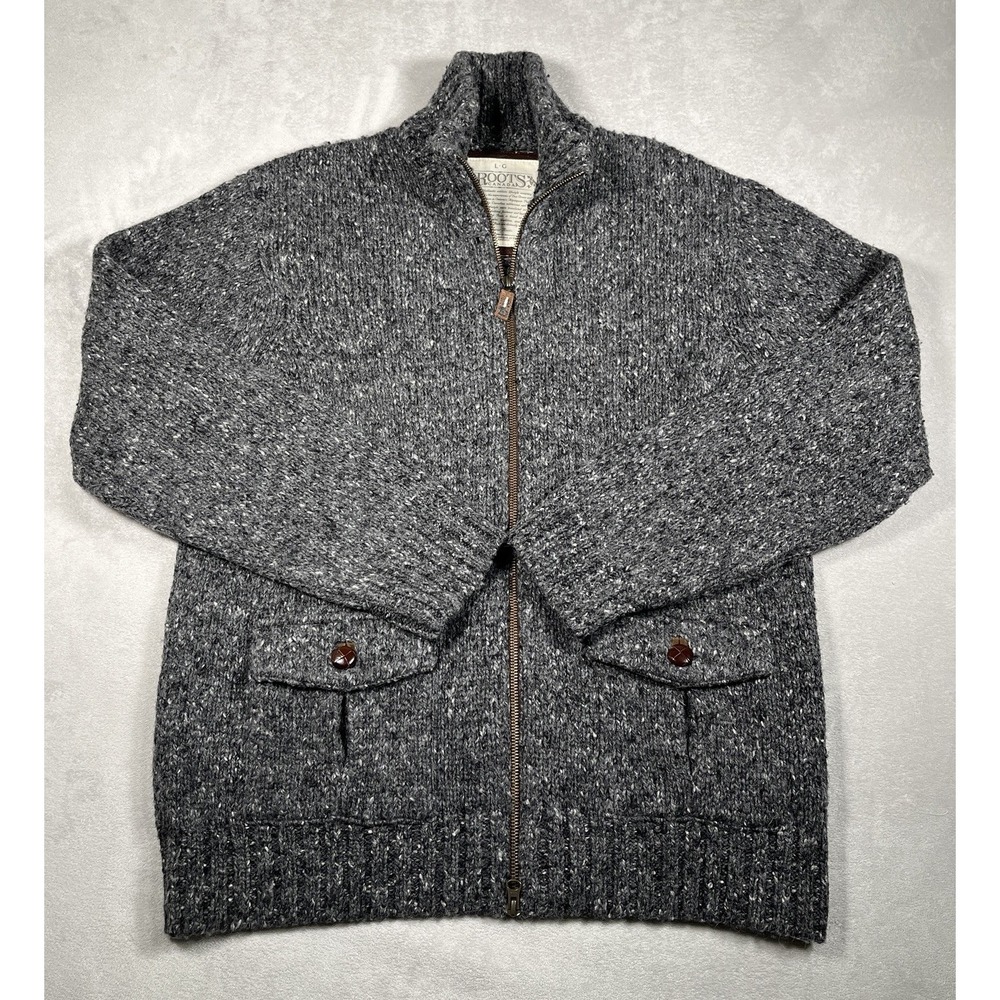 Roots Canada Full Zip Sweater Mens Large Grey Alpaca Wool Blend Mock Neck Jacket